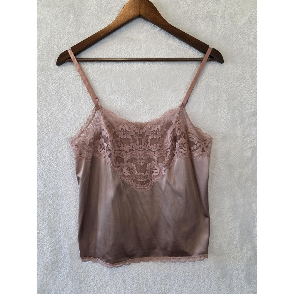 EUC Violette Cami Tank Top Womens Sz 34 Brown Satin Lace Trim Layering Made USA